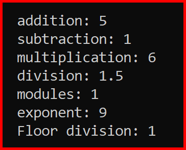 Picture showing the output of the Mathematical operator in python
